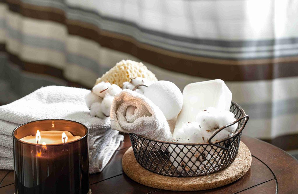 cozy spa composition aroma candles bath towels soap body care hygiene concept 11zon